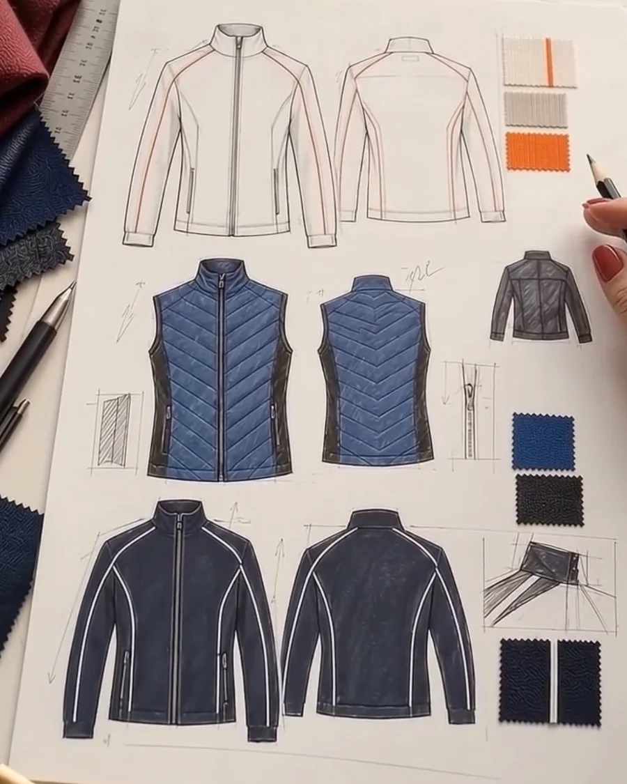 Technical sketches of custom jackets and a quilted vest with fabric swatches