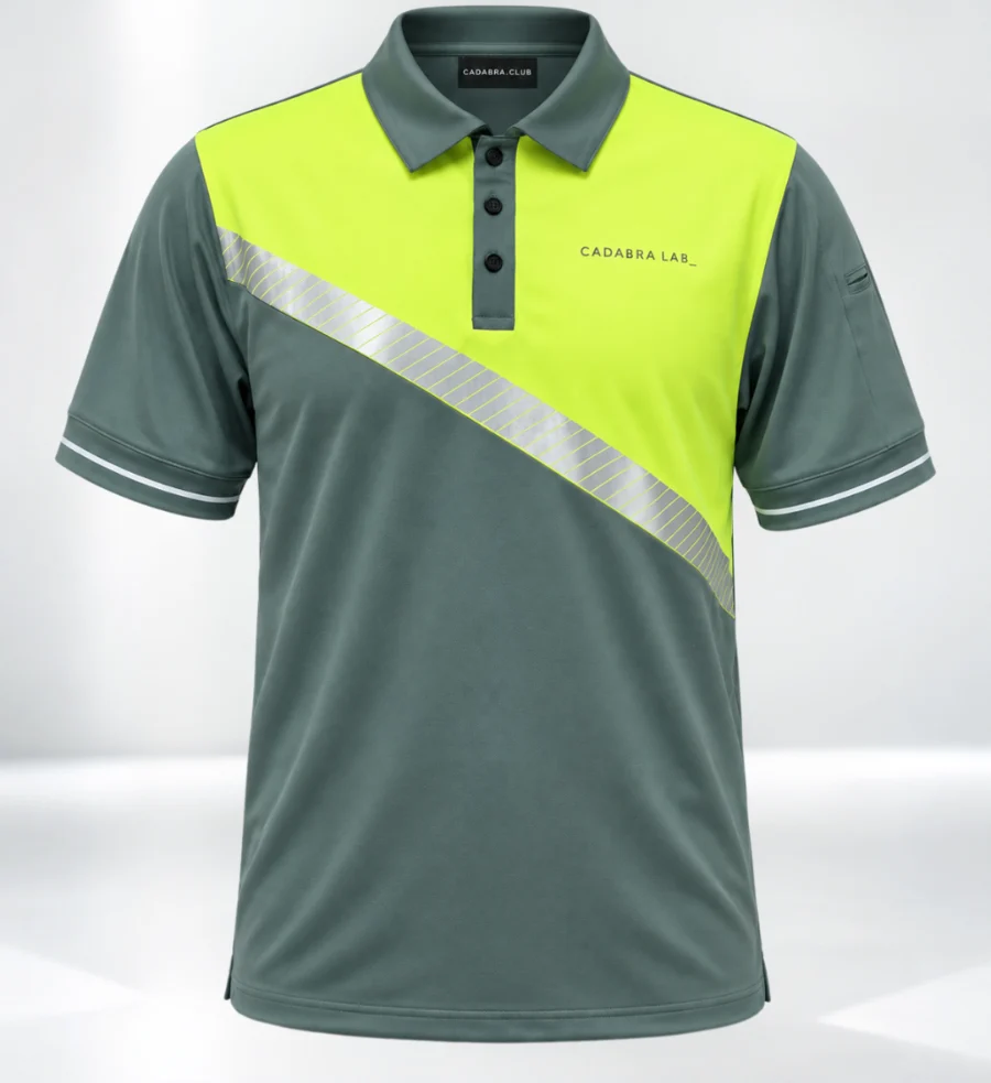 Alpha Rampwear Polo: slate gray polo with a neon yellow yoke and a diagonal reflective band