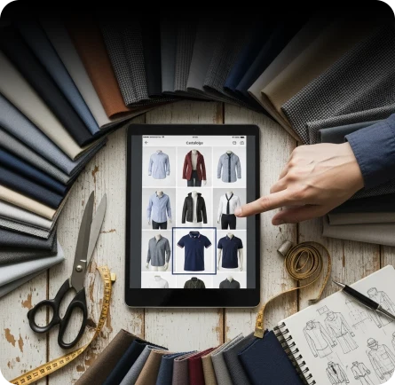 Garment options on a tablet surrounded by fabric swatches
