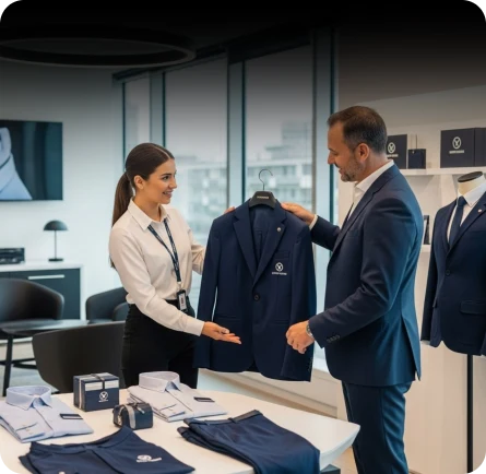 Client reviewing a sample jacket with a team member